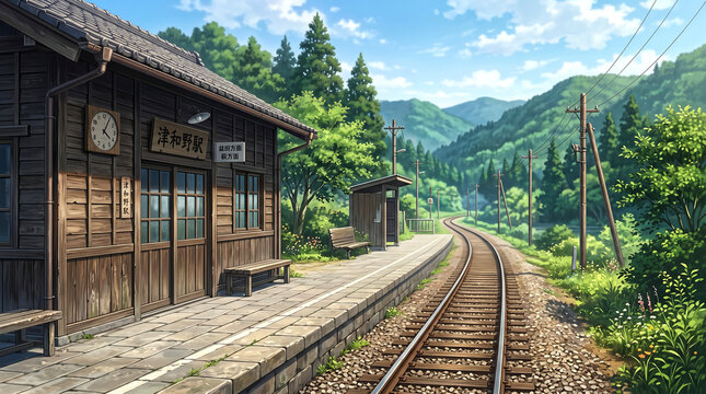 Nostalgic anime style illustration of an old Japanese railway platform with a curved track running alongside green forests.