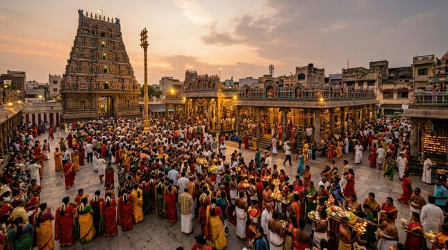 Hindu devotees gather at a South Indian temple for Aadi Velli festival at sunset, celebrating religious rituals and goddess worship.