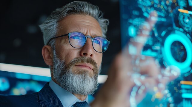 Business leader checking performance indicators on futuristic display