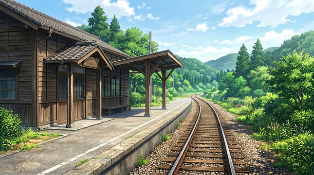 Scenic anime illustration of an old wooden railway station platform looking out to green mountains in summer.