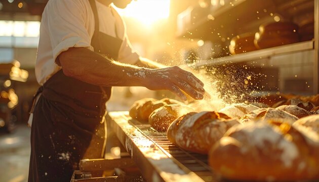A professional baker or chef is sprinkling flour over a row of freshly baked artisan bread inside a warm bakery kitchen. The dramatic sunlight createsk