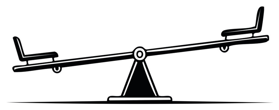 Seesaw balancing teeter totter drawing, playful childhood playground leisure activity in flat black and white icon