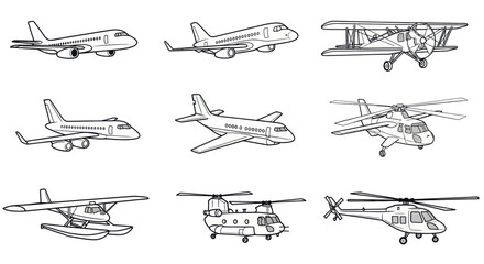 Diverse Aircraft Collection: Airplanes and Helicopters Line Art © jambu