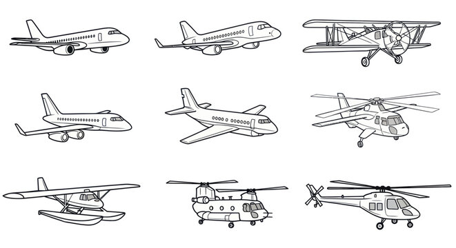 Diverse Aircraft Collection: Airplanes and Helicopters Line Art