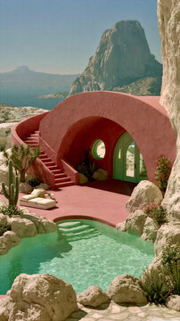 Unique home with pool and mountain view located by the coast on a sunny day