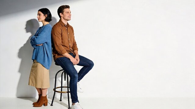 Couple sitting back to back ignoring each other after argument, relationship conflict disagreement problem, emotional distance separation issue, young man and woman isolated on