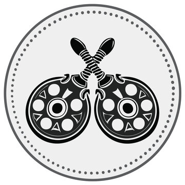 Twin Vintage Reels Emblem Decorative Circle, Retro Cinema Illustration, Film Equipment Icon in a Round Frame, Decorative Graphic Design