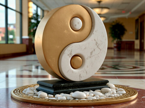 Sculpture of yin and yang made from marble and gold placed in a lobby with natural light coming through large windows