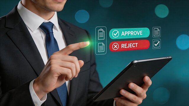 Digital approval and rejection interface concept, businessman using tablet to select options, modern technology workflow, decision making process, virtual buttons for accept or