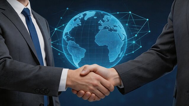 Global partnership handshake with digital earth background, international business cooperation, worldwide network connection, strategic alliance, cross-border collaboration,