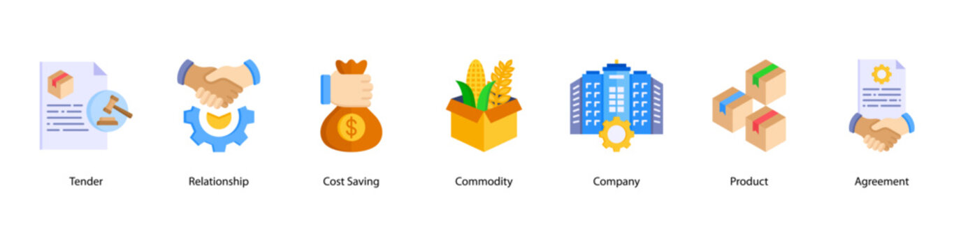 Procurement Essentials web banner icon vector illustration featuring Tender, Relationship, Cost Saving, Commodity, Company, Product, and Agreement for business and supply management.