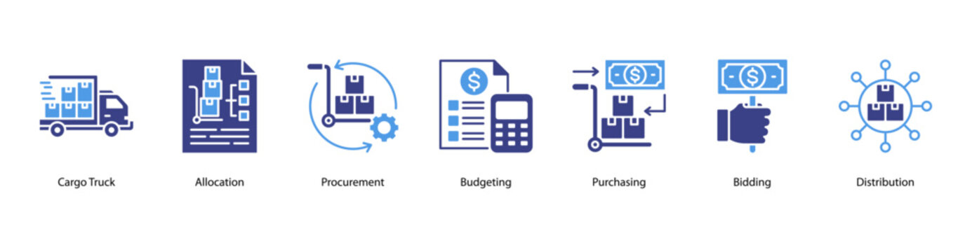 Logistics and Distribution web banner icon vector illustration featuring Cargo Truck, Allocation, Procurement, Budgeting, Purchasing, Bidding, and Distribution in supply operations.