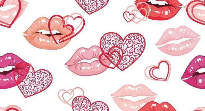 Seamless Pattern: Romantic Lips and Intricate Hearts - Valentine's Day Design
