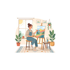Fototapeta premium Artist painting landscape on canvas in studio flat design vector