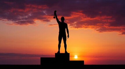 Fototapeta premium Triumphant Figure Holding Medal Against a Vibrant Sunset Sky Reflects Achievement and Glory