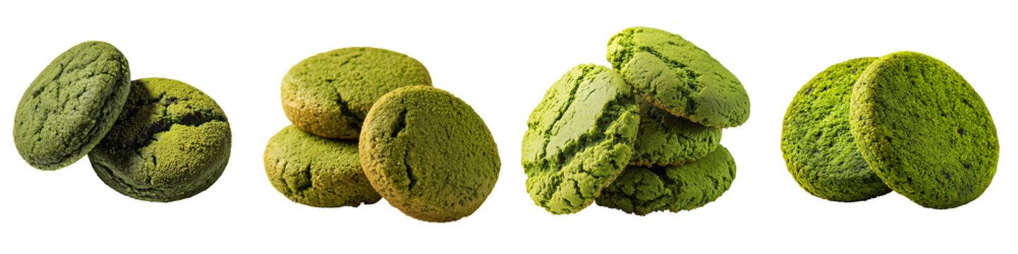 Crispy green tea matcha cookies stack isolated on transparent background for healthy snack alternative or bakery product display