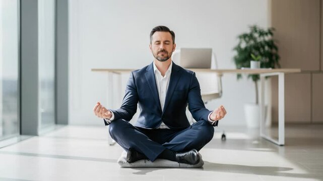 Calm businessman meditating in office for stress relief and mindfulness during workday