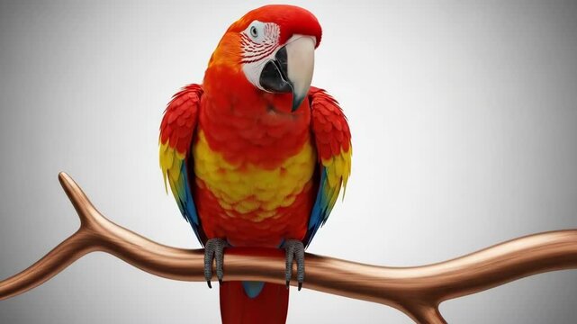 A vibrant red and yellow parrot perched on a wooden branch