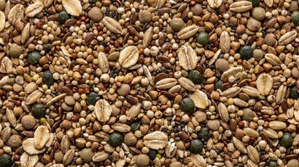 Fototapeta premium Assorted healthy raw grains and nutritious seeds mixed together in a detailed high angle flat lay texture background for organic culinary ingredient concept