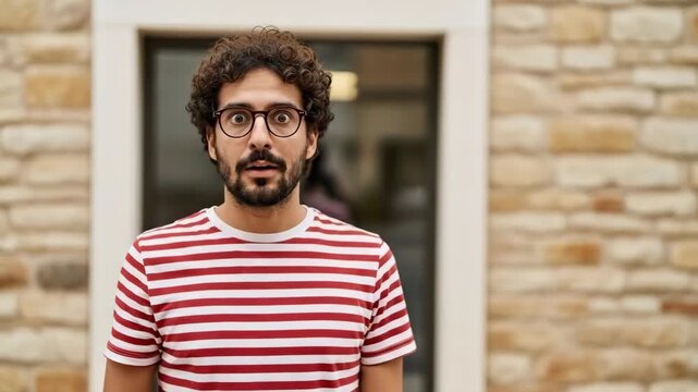 Man in striped shirt looking surprised while covering his mouth