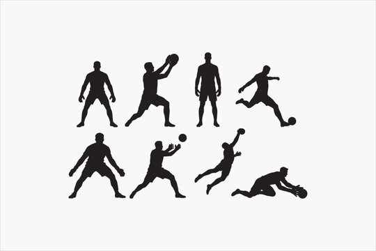 Black silhouettes of soccer goalkeepers catching, diving, and kicking the ball. Football player action poses set for sports concept isolated on white background. Vector illustration.