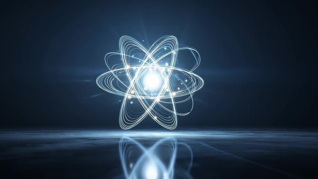 Abstract representation of atom with glowing particles and rings