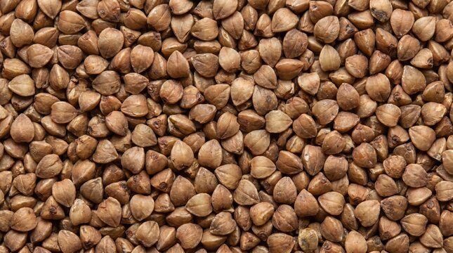 Raw organic buckwheat groats texture background filling the frame with natural brown grains for healthy vegetarian cooking and nutritious whole food concepts