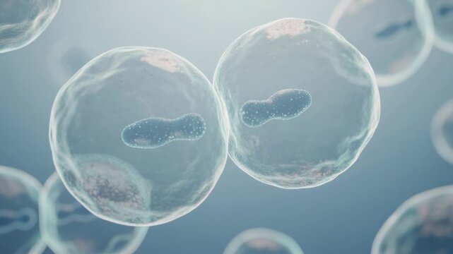 Close up of dividing cells showing biological process of cell mitosis under microscope