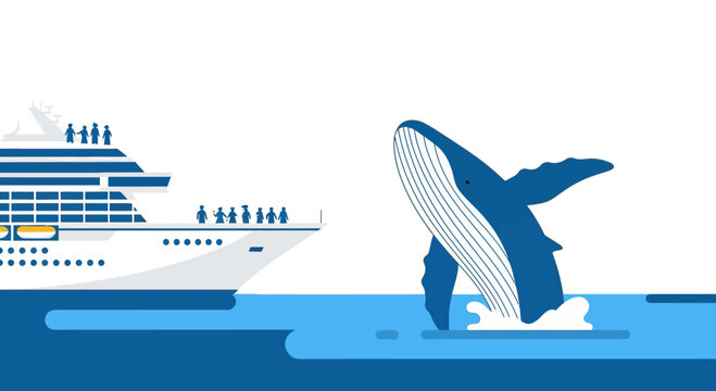 Whale breaching near cruise ship, ocean wildlife encounter, vector illustration