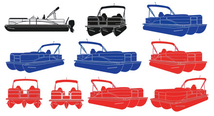 Pontoon Boat Silhouettes: Black, Blue, and Red Vector Illustrations © jami