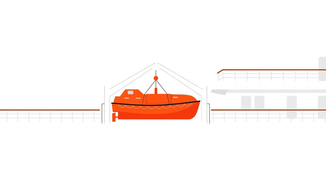 Orange lifeboat suspended from ship's davits for launch, safety equipment