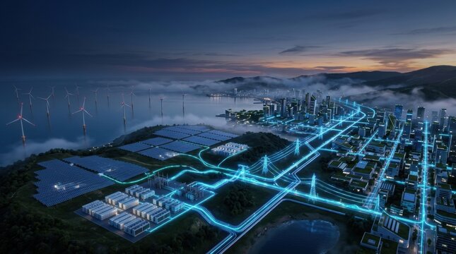 Sustainable smart city powered by green energy grid.