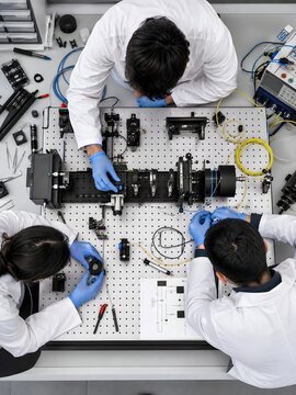 Researchers calibrating a high speed back aperture interferometry system on an optical table