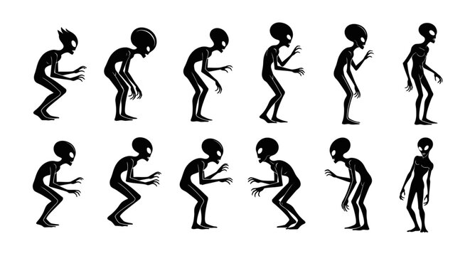 Alien Character Animation Frames - Silhouette Figures on White Background