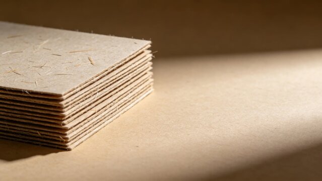 Recycled paper sheets with visible fiber texture stacked nea