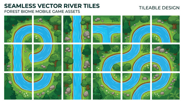 Seamless vector river tiles for forest biome mobile game assets, tileable water stream map elements, top-down nature landscape environment kit