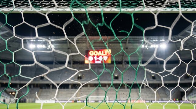 Soccer goal net with scoreboard in stadium