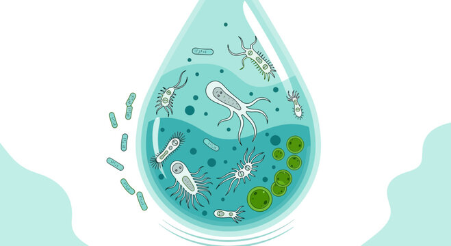 Microscopic Organisms and Bacteria in a Water Droplet, Scientific Illustration