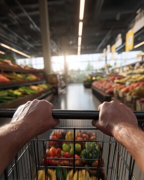First-Person View of Pushing Shopping Cart in Grocery Store