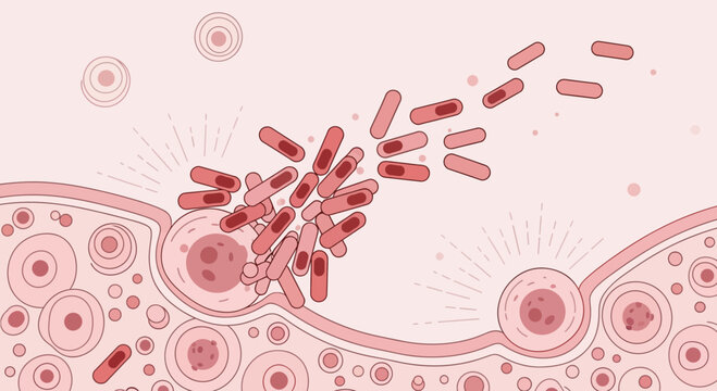 Microscopic view of bacteria invading human cells, medical illustration, science concept