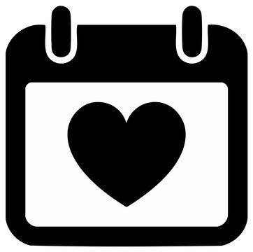 Black calendar icon with a heart symbol on a white background symbolizing love dates