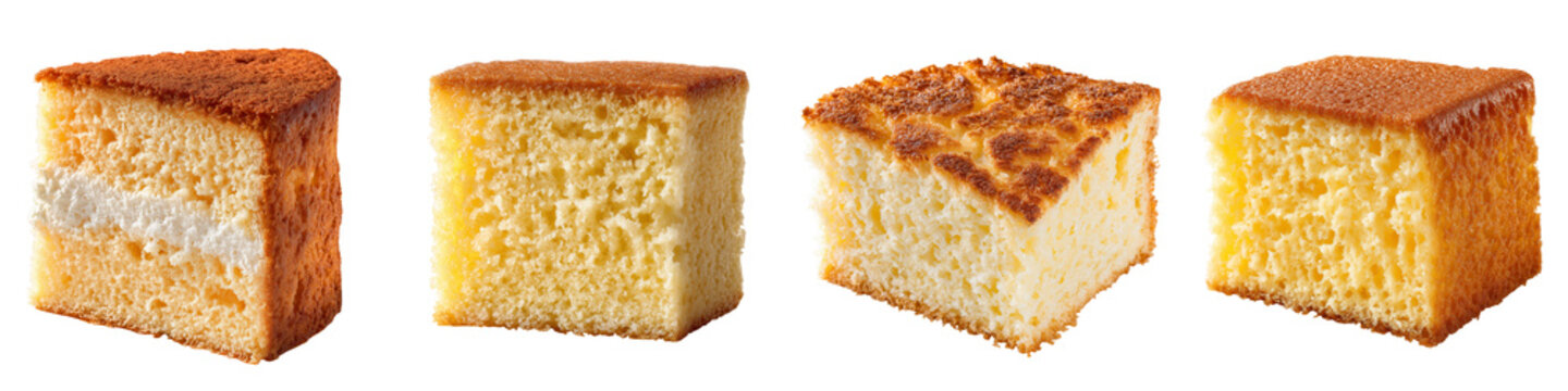 Soft sponge cake slices fluffy traditional castella pastry dessert isolated on transparent background, ideal for bakery advertisement, tea time snack, and cafe menu layout
