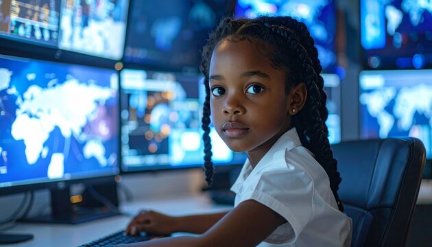 Young girl sitting in front of computer screens.