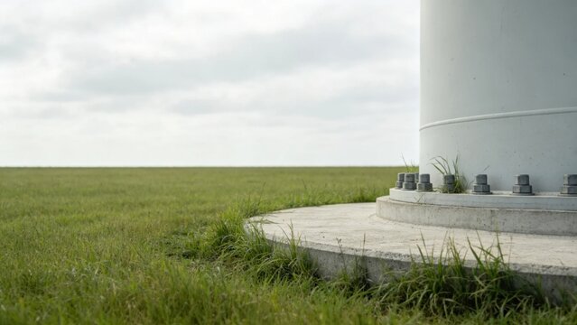 Wind turbine foundation concrete base with grass growing aro
