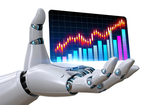Robot hand with financial growth chart artificial intelligence trading investment fintech technology isolated on white background