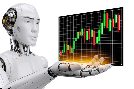 White robot android analyzing stock market trading chart artificial intelligence finance technology isolated on white background