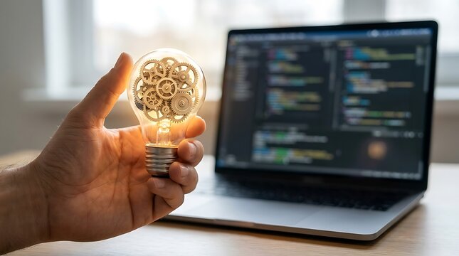 Hand holding a glowing light bulb filled with intricate gears, symbolizing innovation, creativity, and the mechanics of a brilliant idea, with a laptop showing code in the background.