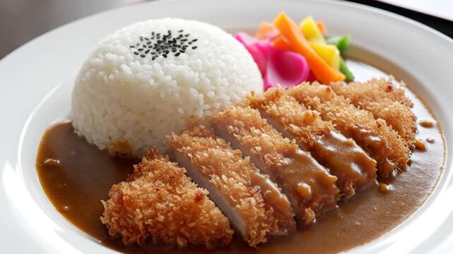 Japanese katsu curry rice with crispy breaded pork cutlet and pickled vegetables on a white plate