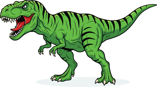 Fierce green Tyrannosaurus rex dinosaur cartoon character with sharp teeth prehistoric animal vector illustration