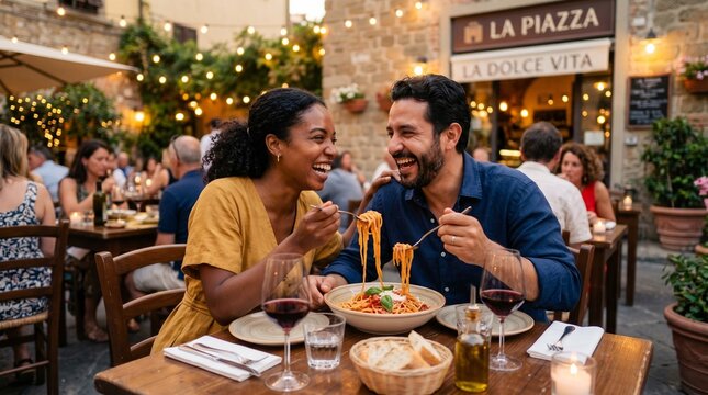 Diverse couple laughing while enjoying a romantic Italian pasta dinner outdoors